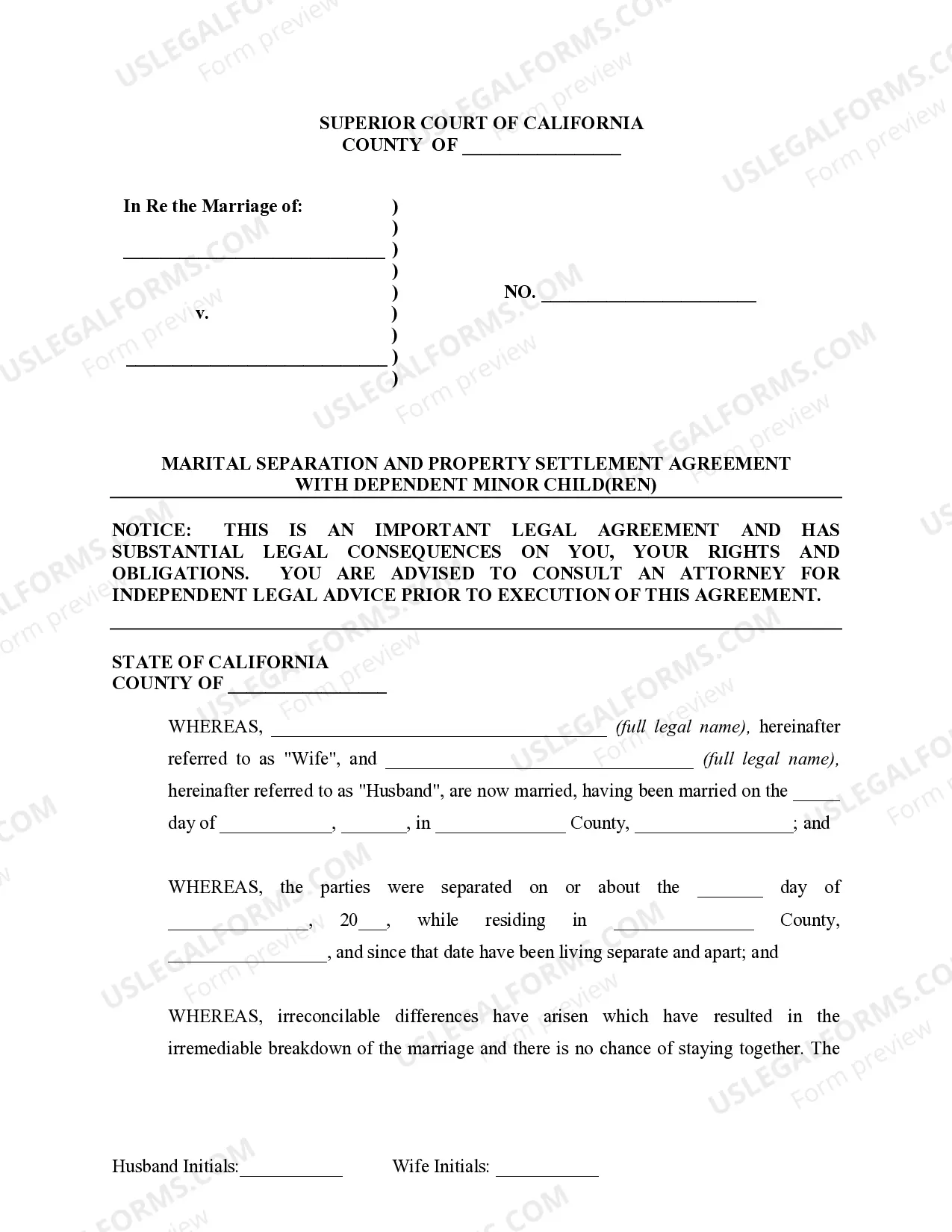 Preview Marital Legal Separation and Property Settlement Agreement where Minor Children and Parties May have Joint Property or Debts and Divorce Action Filed