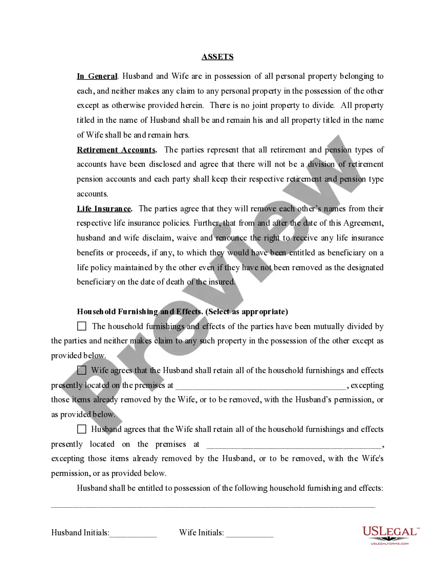 Preview Marital Legal Separation and Property Settlement Agreement for persons with no Children, No Joint Property or Debts Effective Immediately