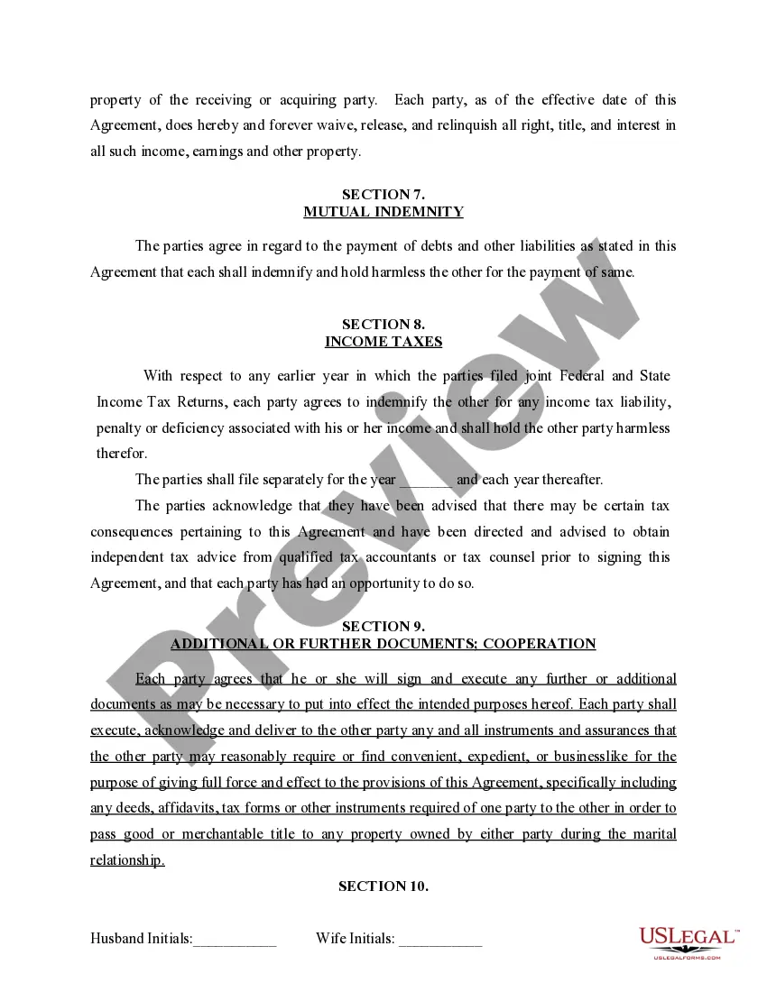 Preview Marital Legal Separation and Property Settlement Agreement for persons with no Children, No Joint Property or Debts Effective Immediately