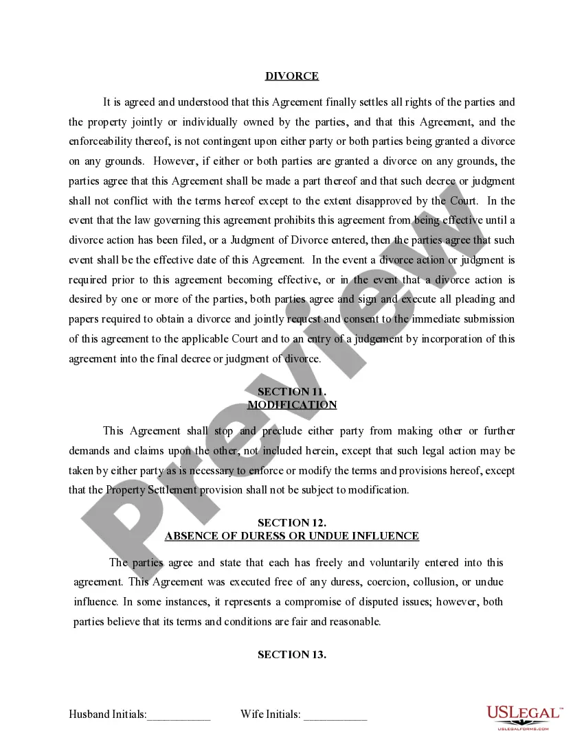 Preview Marital Legal Separation and Property Settlement Agreement for persons with no Children, No Joint Property or Debts Effective Immediately