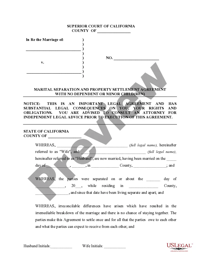 Preview Marital Legal Separation and Property Settlement Agreement where No Children and parties may have Joint Property and / or Debts and Divorce Action Filed
