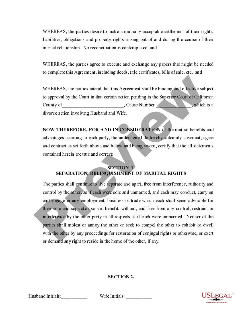 Preview Marital Legal Separation and Property Settlement Agreement where No Children and parties may have Joint Property and / or Debts and Divorce Action Filed