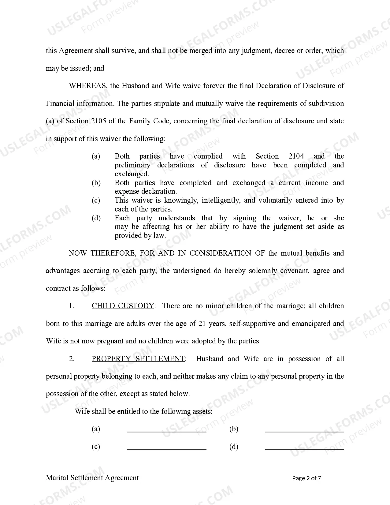 Preview Marital Legal Separation and Property Settlement Agreement no children parties may have Joint Property or Debts effective Immediately