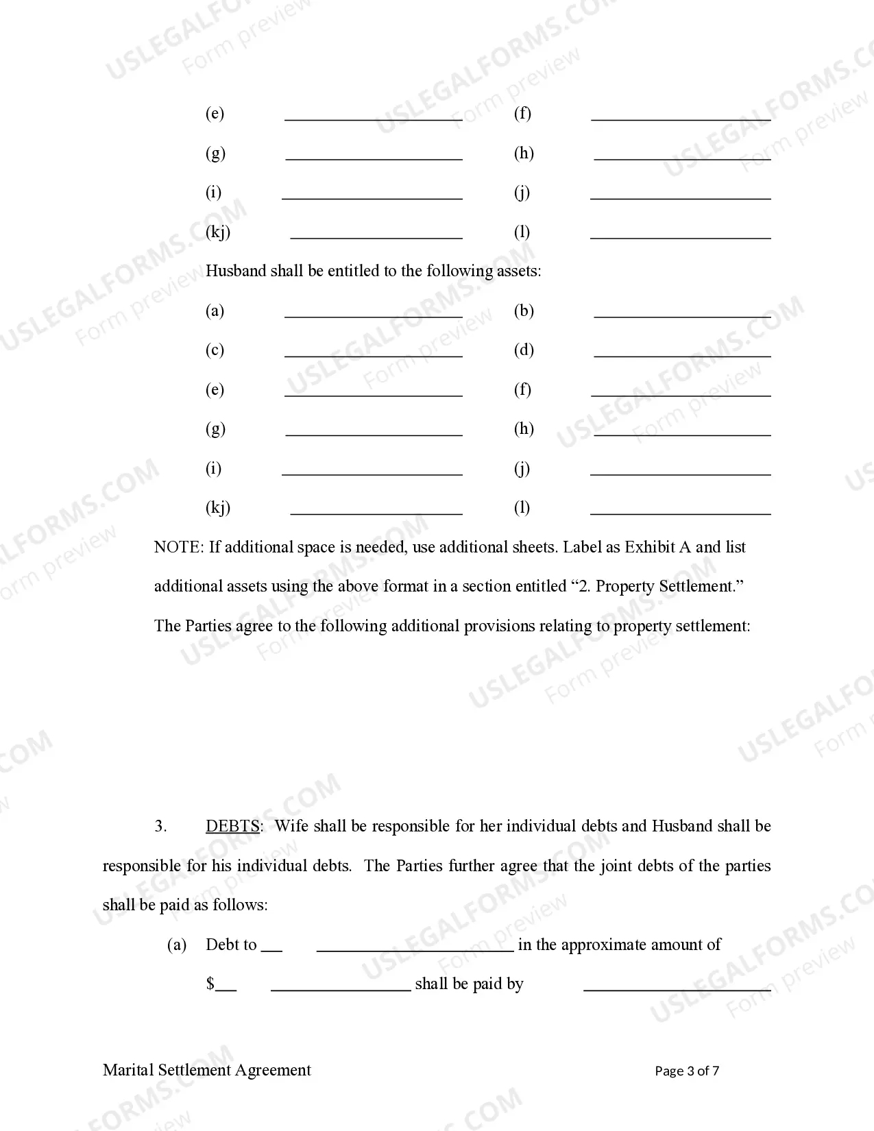 Preview Marital Legal Separation and Property Settlement Agreement no children parties may have Joint Property or Debts effective Immediately