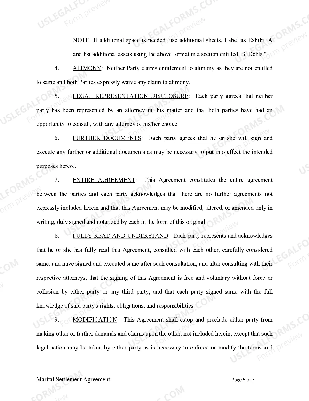 Preview Marital Legal Separation and Property Settlement Agreement no children parties may have Joint Property or Debts effective Immediately