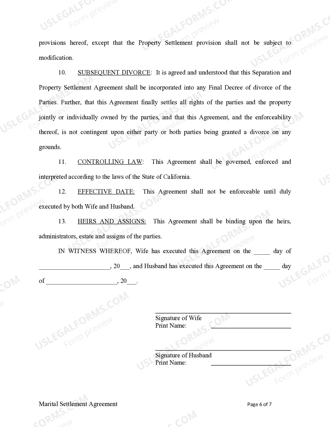 Preview Marital Legal Separation and Property Settlement Agreement no children parties may have Joint Property or Debts effective Immediately