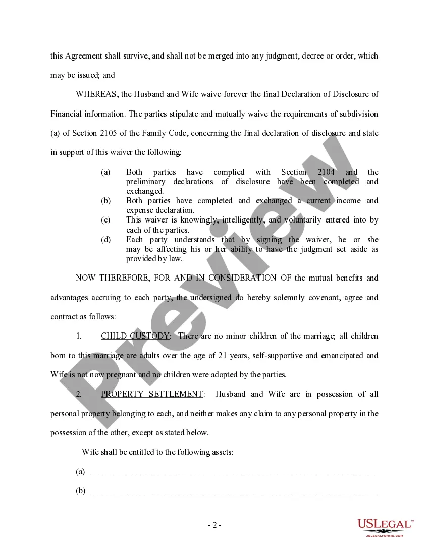Preview Legal Separation and Property Settlement Agreement with Adult Children - Marital - Domestic - Parties May have Joint Property or Debts - Effective Immediately
