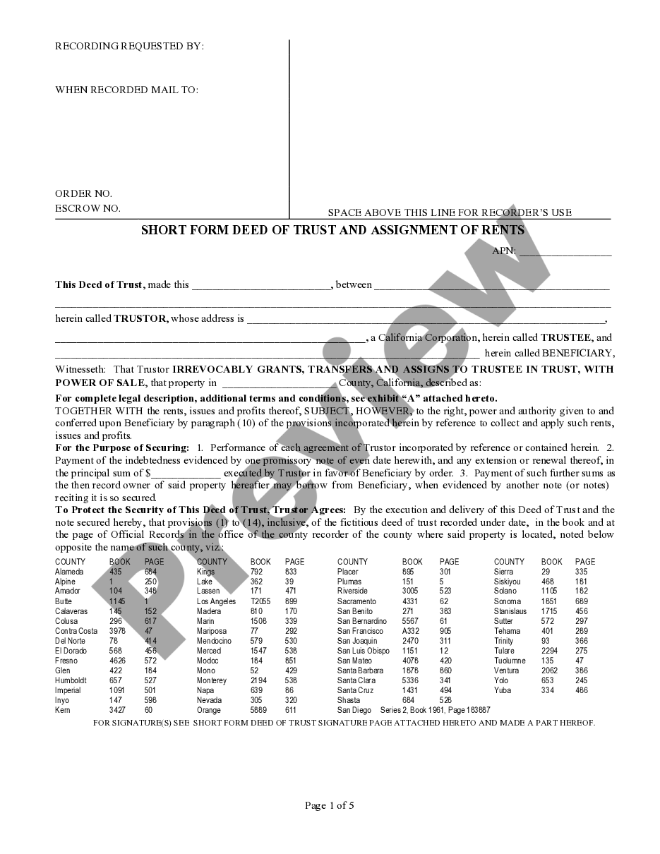 deed of trust with assignment of rents form california