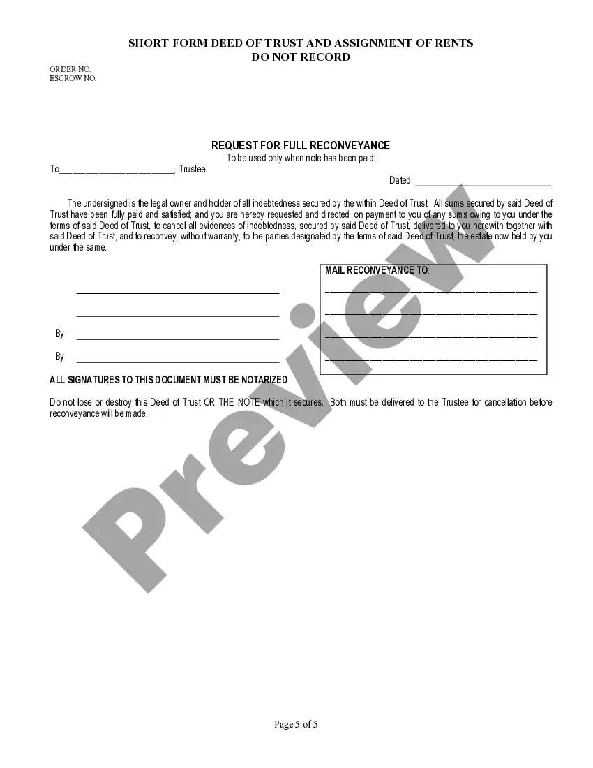 Preview Short Form Deed of Trust and Assignment of Rents