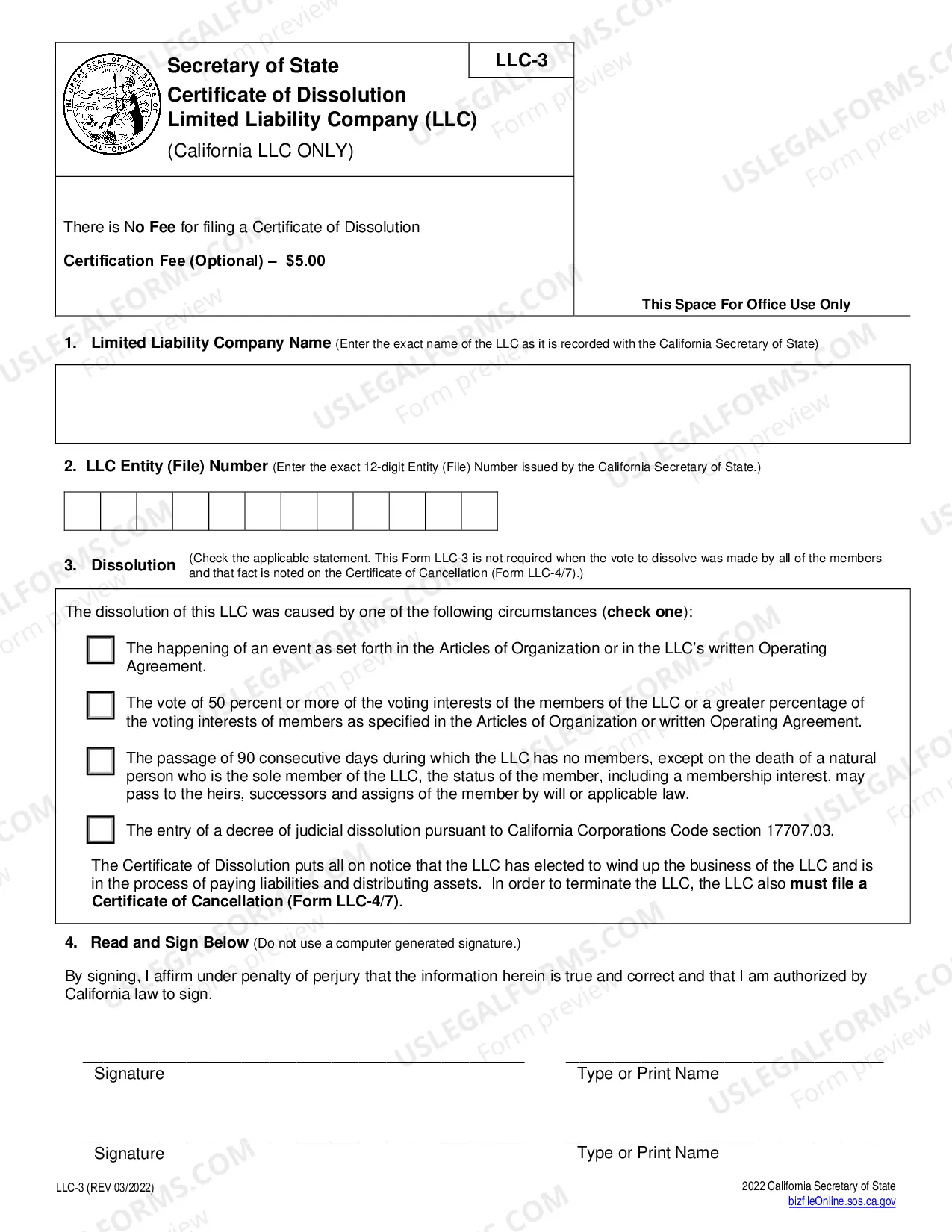 Preview California Dissolution Package to Dissolve Limited Liability Company LLC