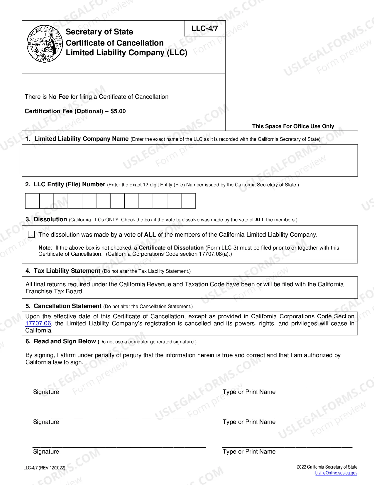Preview California Dissolution Package to Dissolve Limited Liability Company LLC