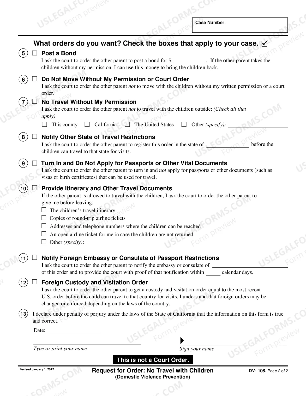 Preview Request for Order - No Travel With Children - Domestic Violence Prevention
