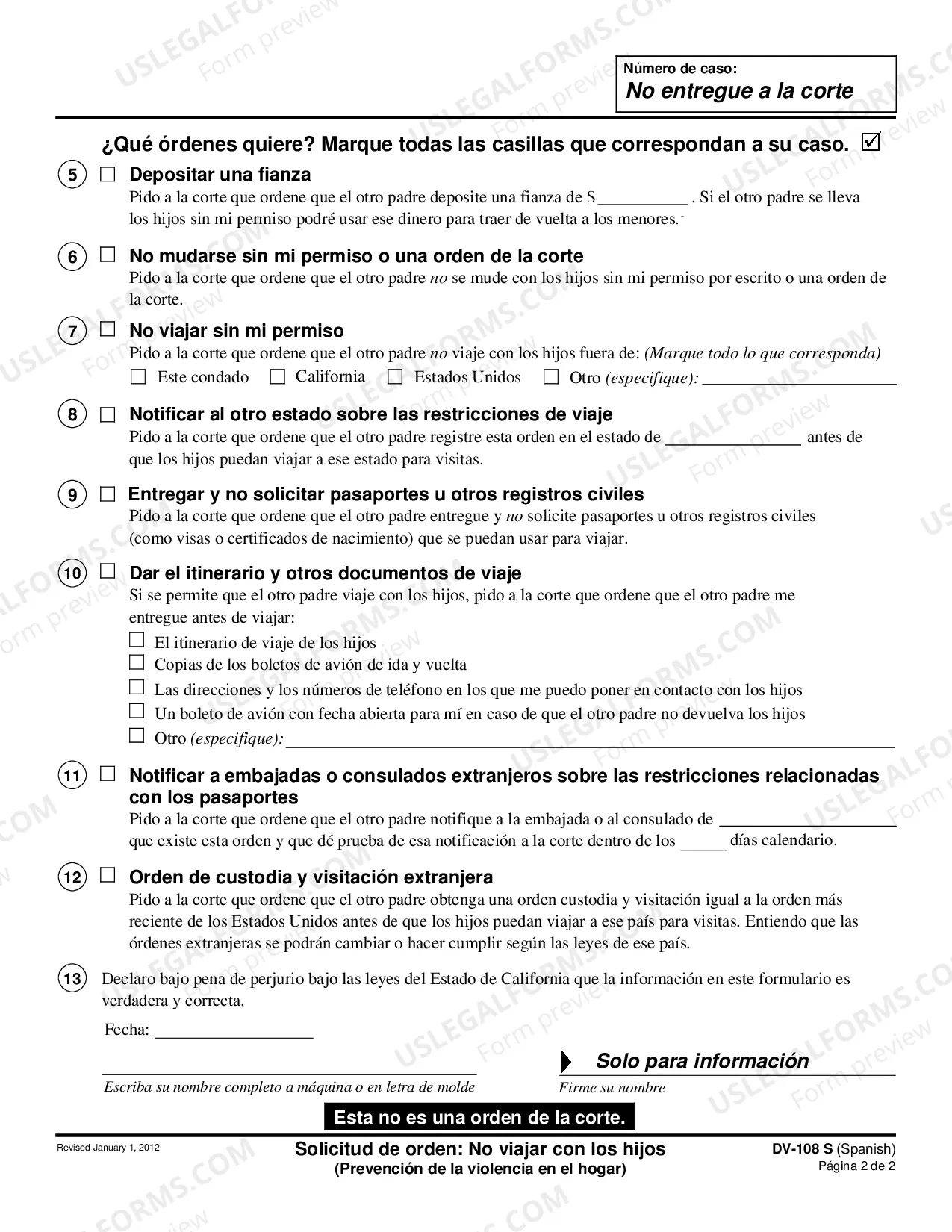 Preview Request for Order - No Travel With Children - Domestic Violence Prevention - Spanish
