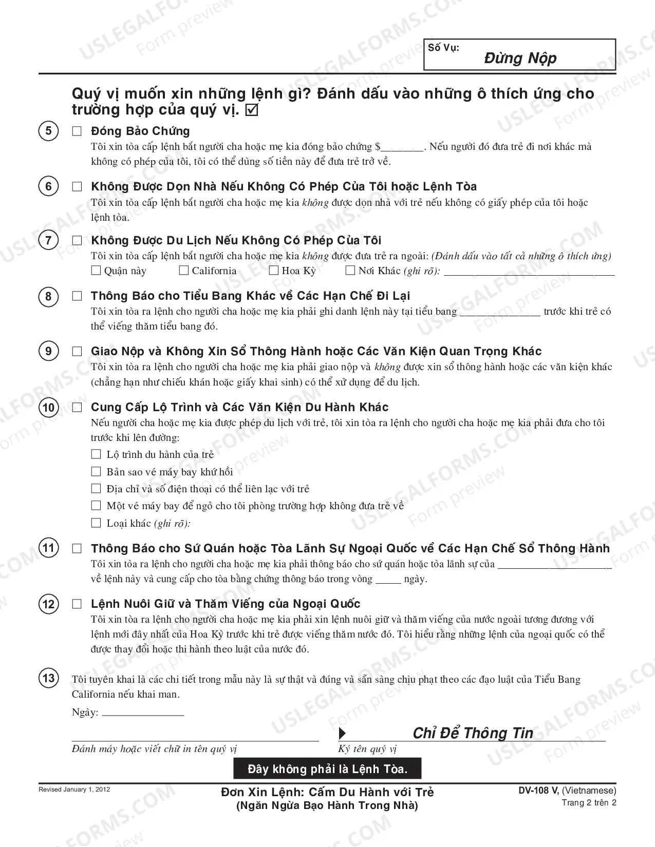 Preview Request for Order - No Travel With Children - Domestic Violence Prevention - Vietnamese