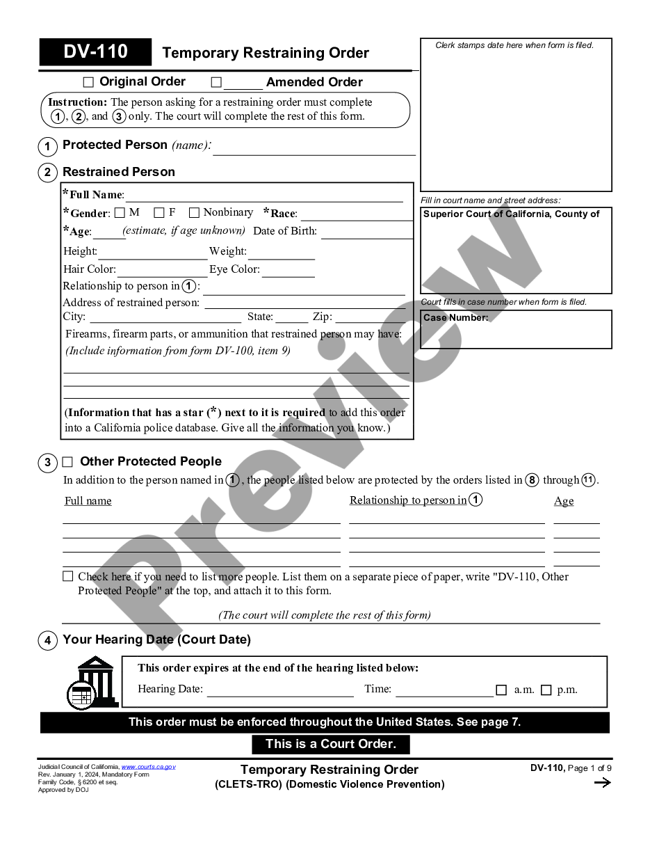 form Temporary Restraining Order - CLETS - Domestic Violence Prevention preview