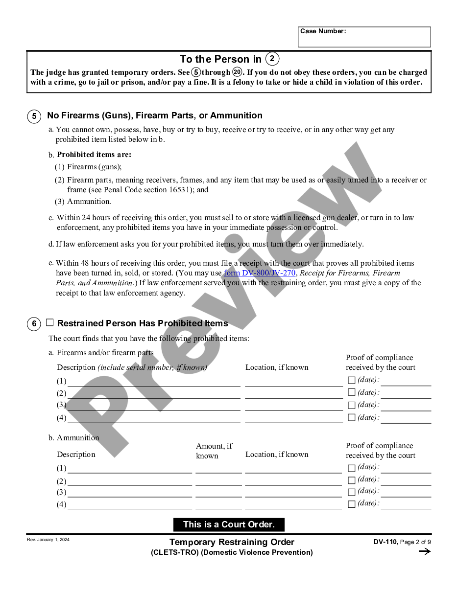 page 1 Temporary Restraining Order - CLETS - Domestic Violence Prevention preview