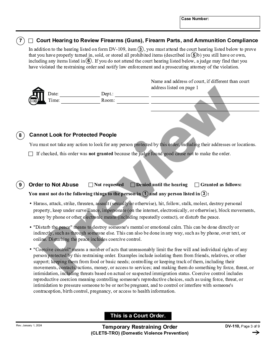 form Temporary Restraining Order - CLETS - Domestic Violence Prevention preview