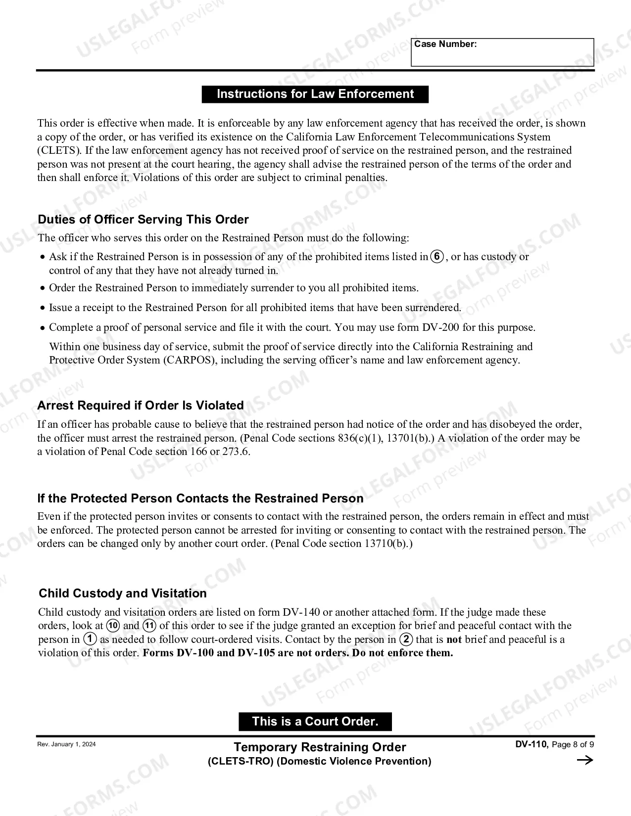 Preview Temporary Restraining Order - CLETS - Domestic Violence Prevention