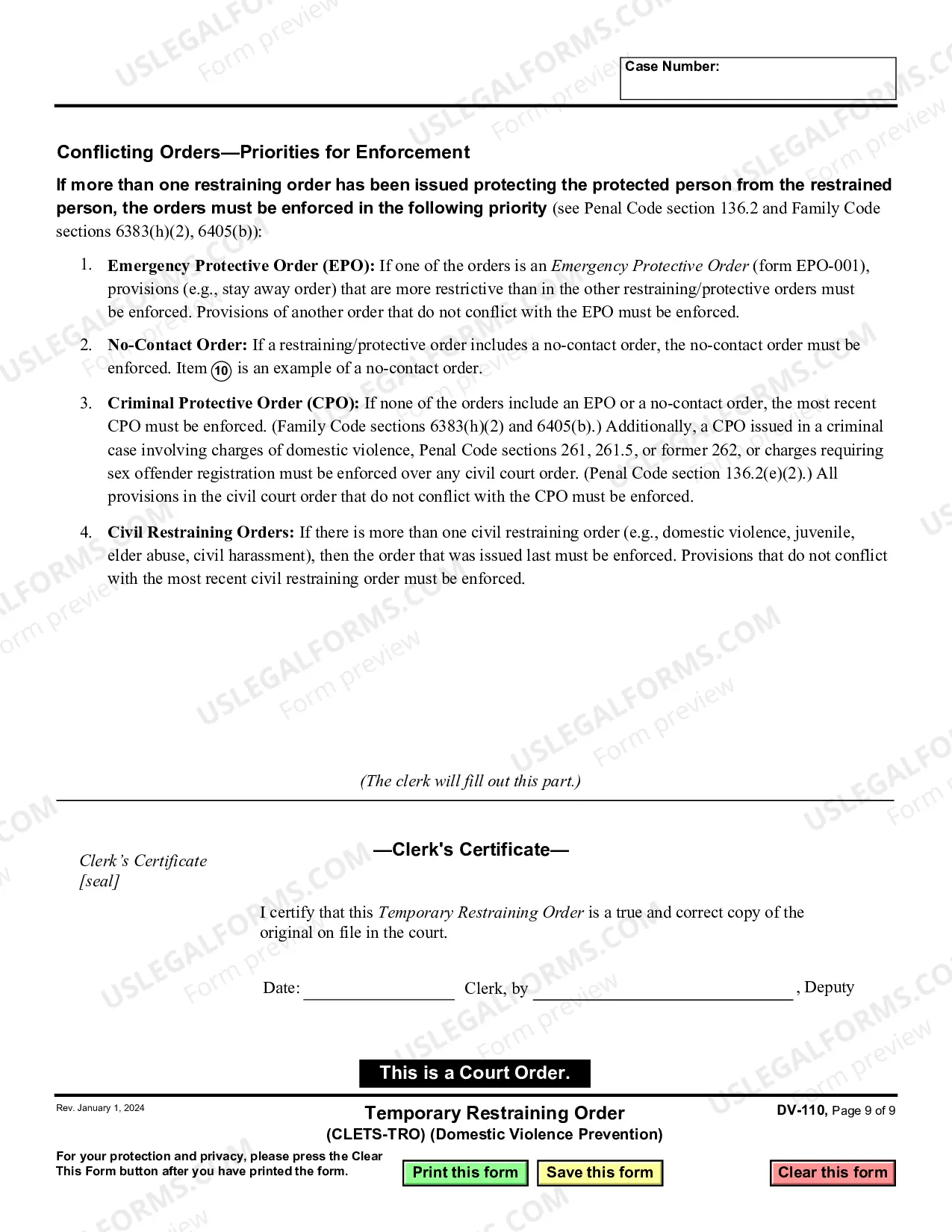 Preview Temporary Restraining Order - CLETS - Domestic Violence Prevention