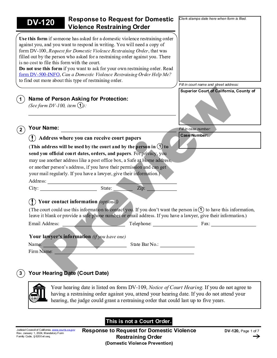 page 0 Answer to Temporary Restraining Order - Domestic Violence Prevention preview