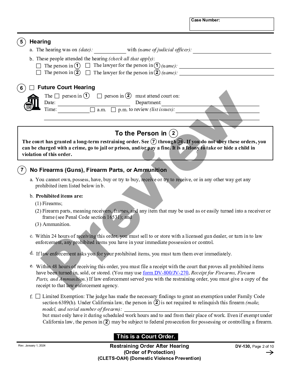 form Restraining Order After Hearing - CLETS-OAH - Order of Protection preview