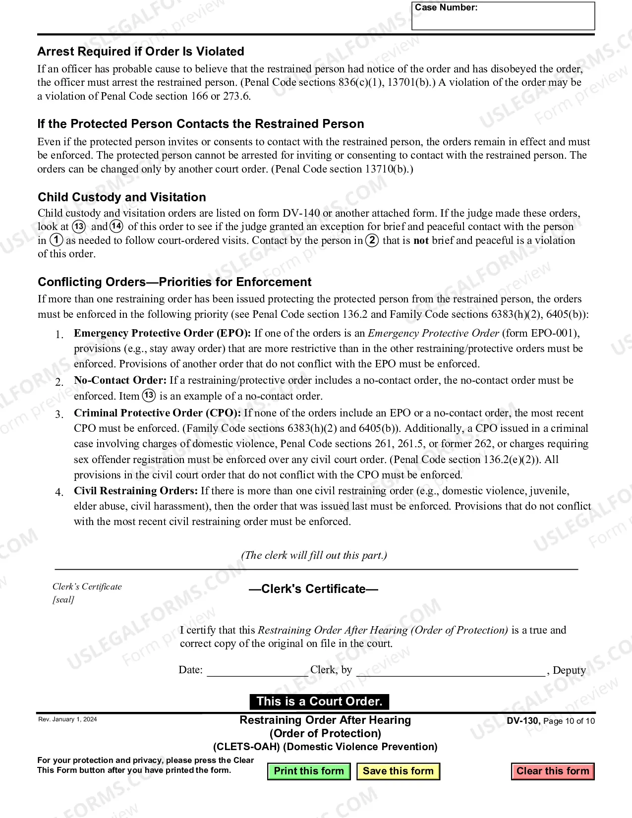 Preview Restraining Order After Hearing - CLETS-OAH - Order of Protection