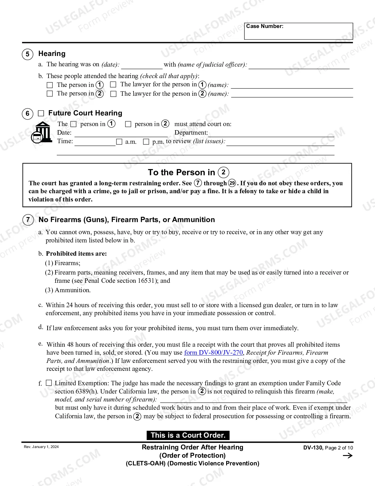 Preview Restraining Order After Hearing - CLETS-OAH - Order of Protection