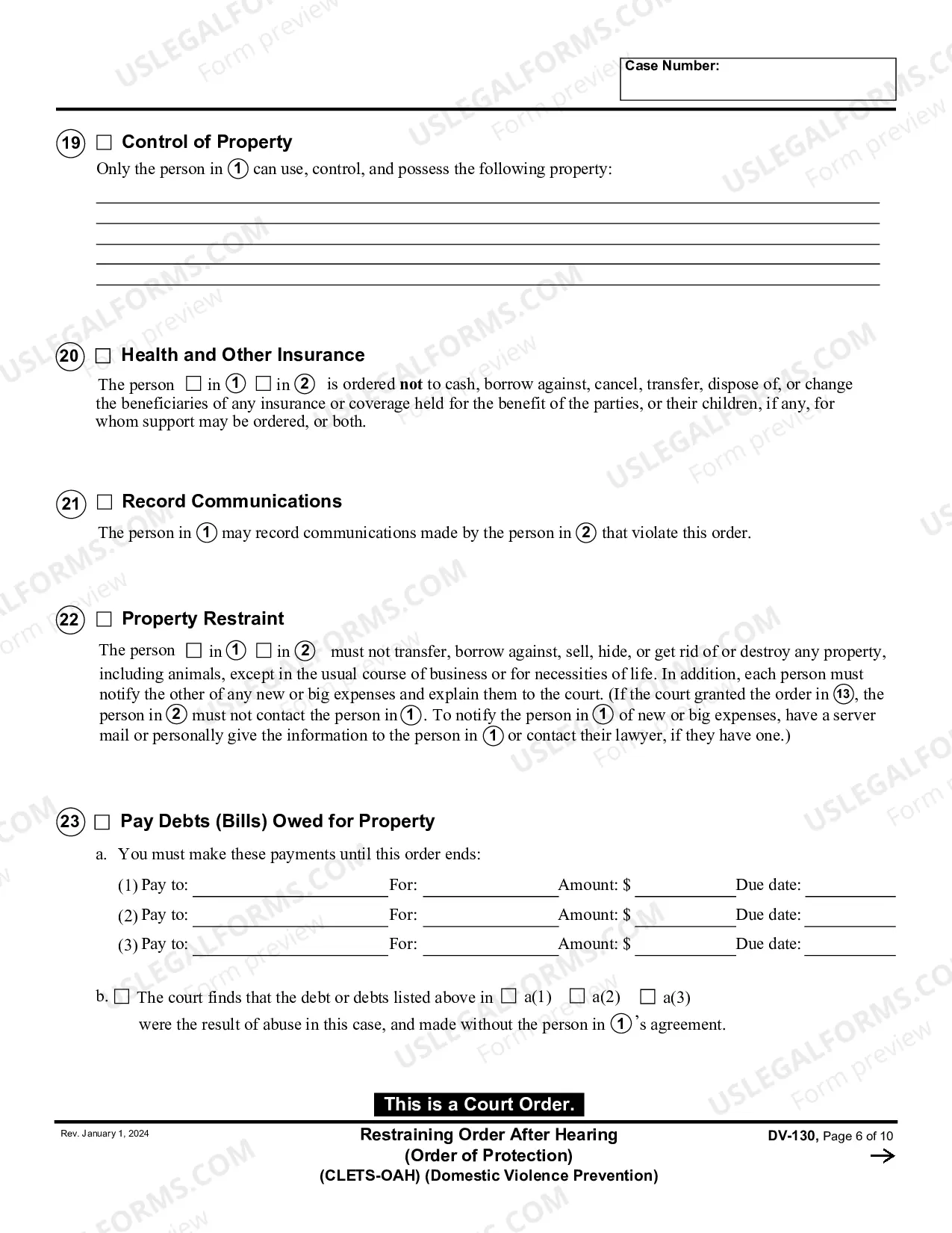 Preview Restraining Order After Hearing - CLETS-OAH - Order of Protection