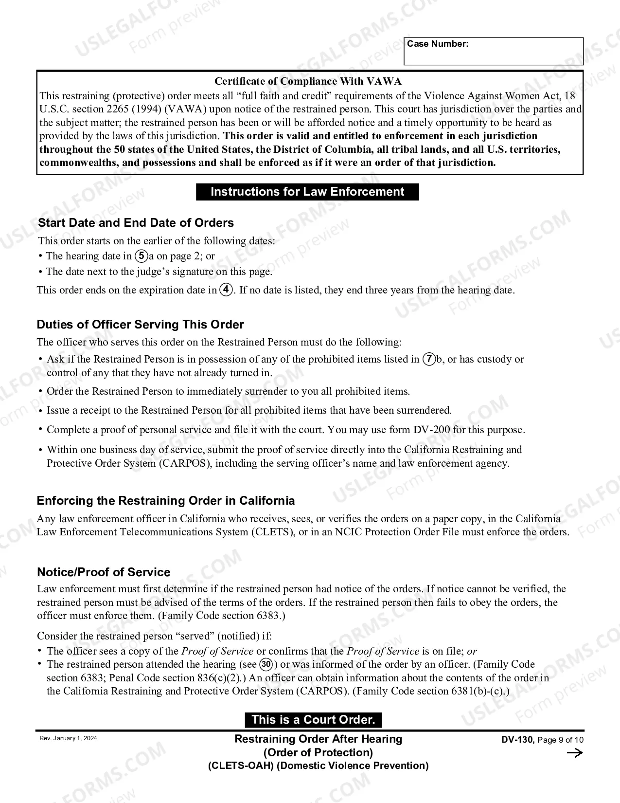 Preview Restraining Order After Hearing - CLETS-OAH - Order of Protection