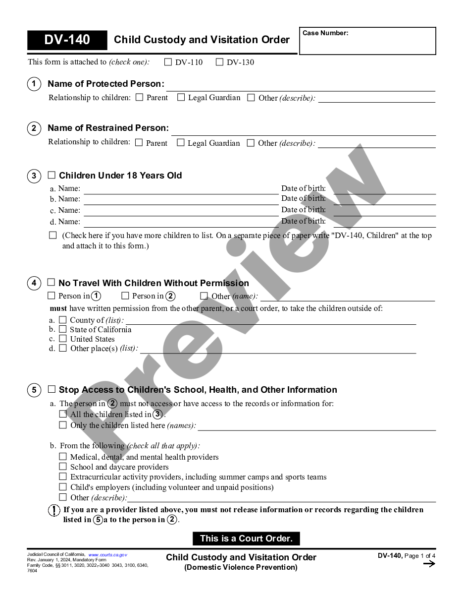 page 0 Child Custody and Visitation Order - Domestic Violence Prevention preview