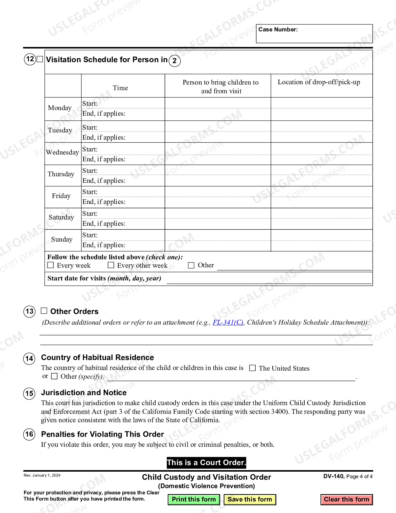 Preview Child Custody and Visitation Order - Domestic Violence Prevention