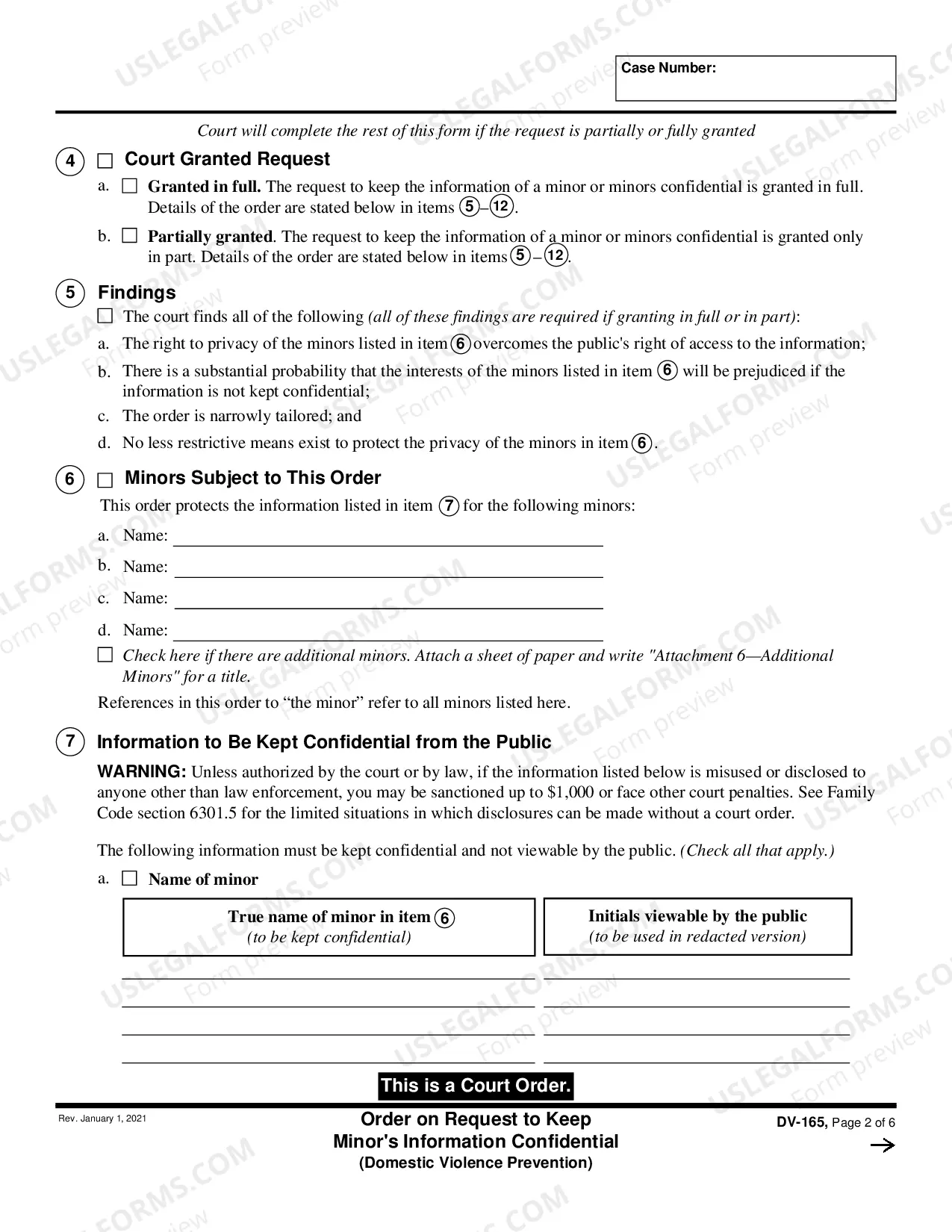 Preview Order on Request to Keep Minor's Information Confidential - Domestic Violence