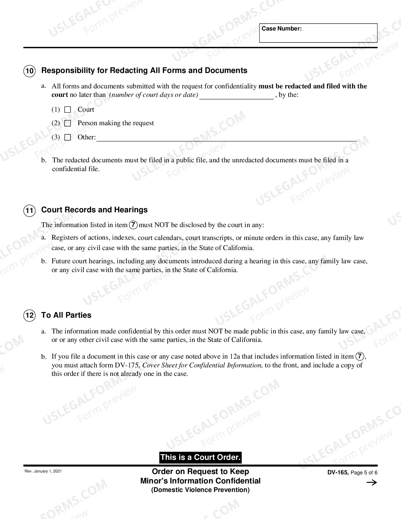 Preview Order on Request to Keep Minor's Information Confidential - Domestic Violence