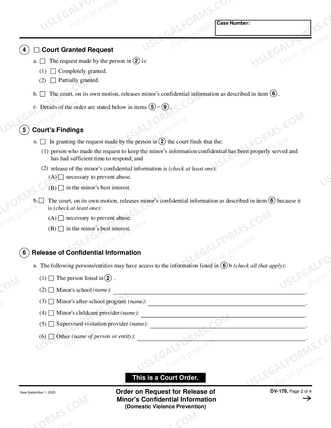 Preview Order on Request for Release of Minor's Confidential Information - Domestic Violence