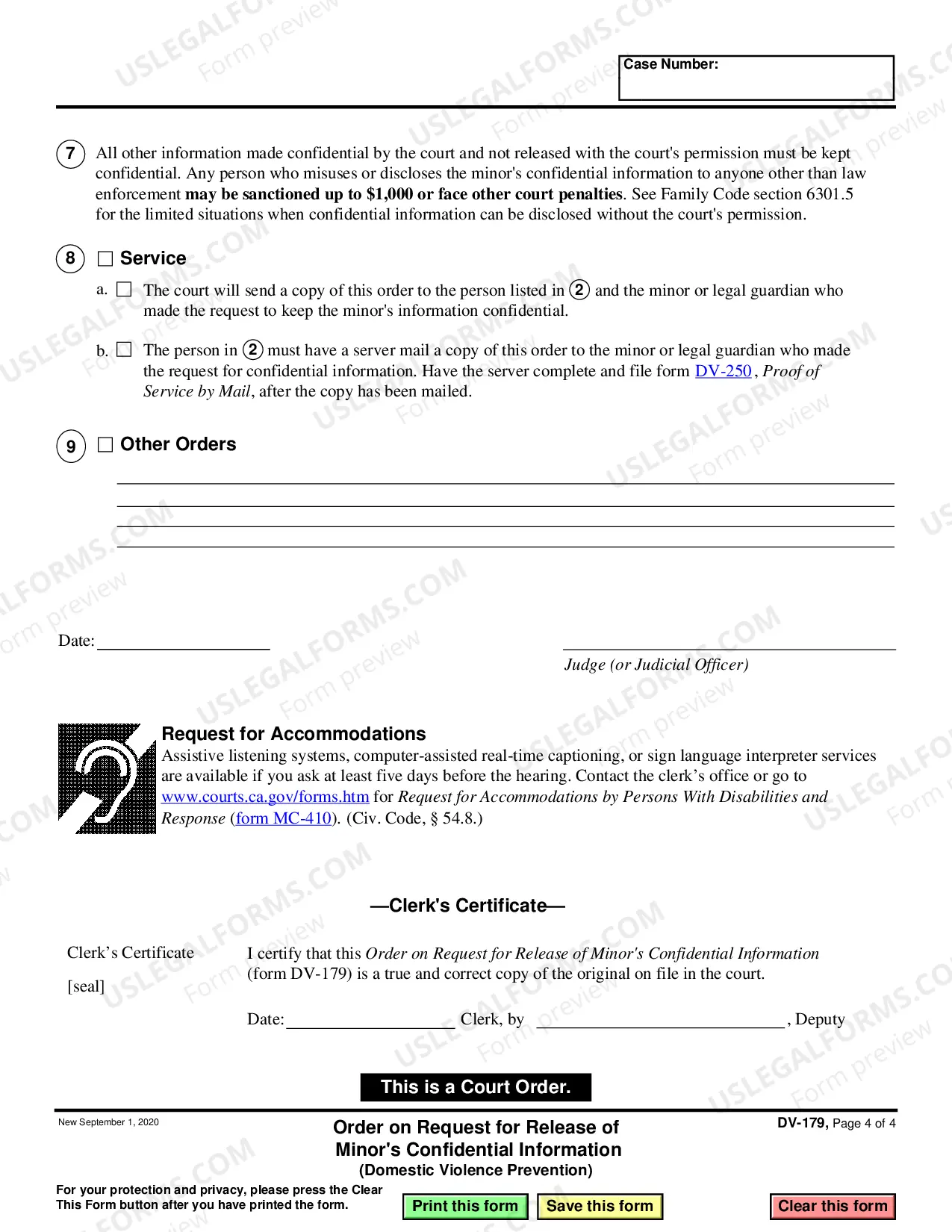 Preview Order on Request for Release of Minor's Confidential Information - Domestic Violence
