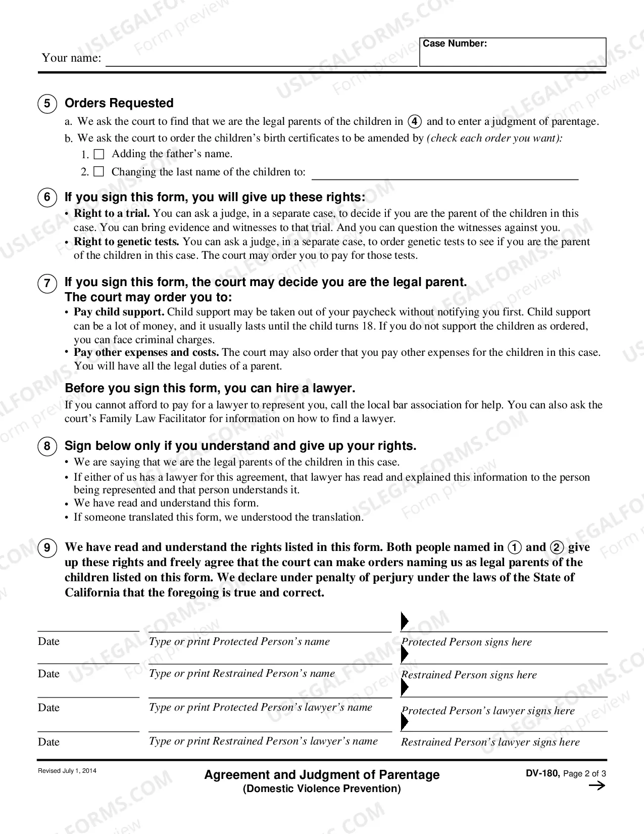 Preview Agreement and Judgment of Parentage - Domestic Violence