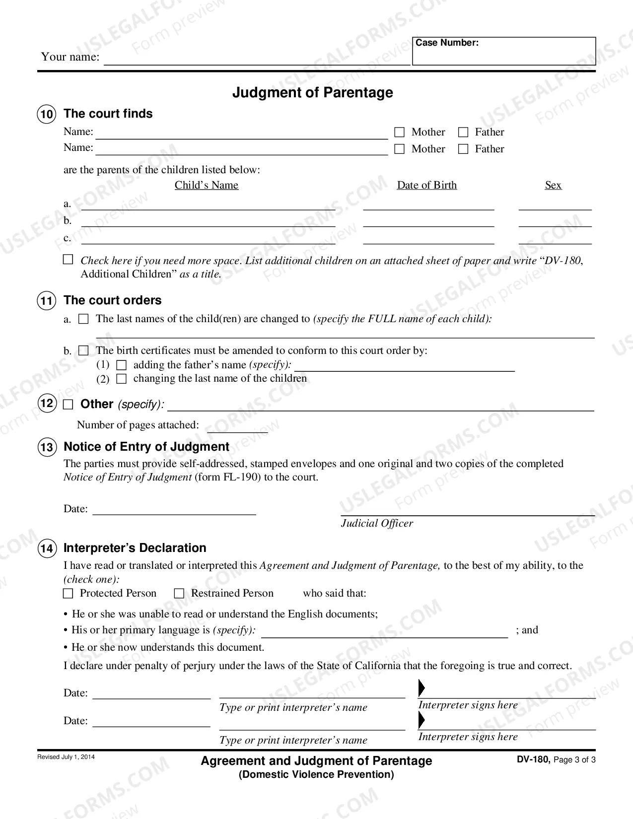 Preview Agreement and Judgment of Parentage - Domestic Violence