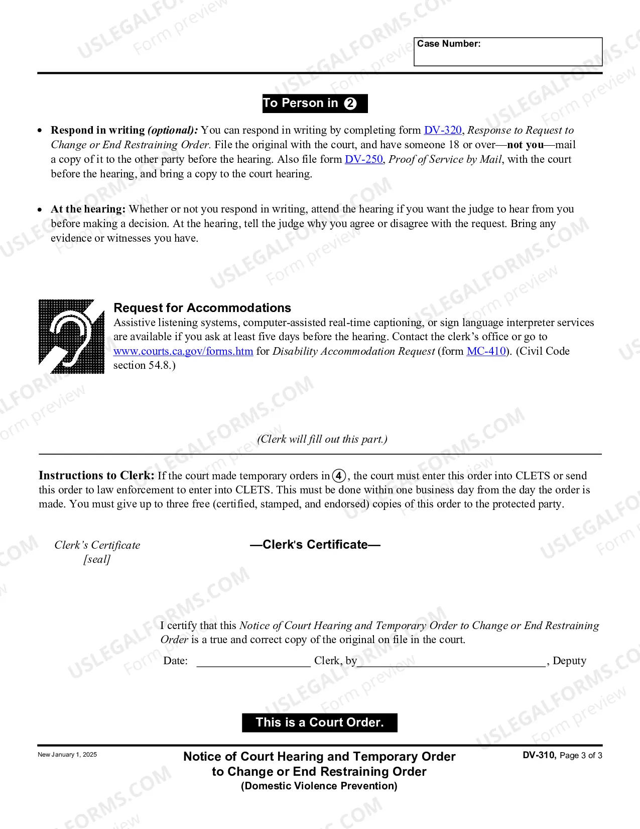 Preview Notice of Court Hearing and Temporary Order to Change or End Restraining Order - Domestic Violence Prevention