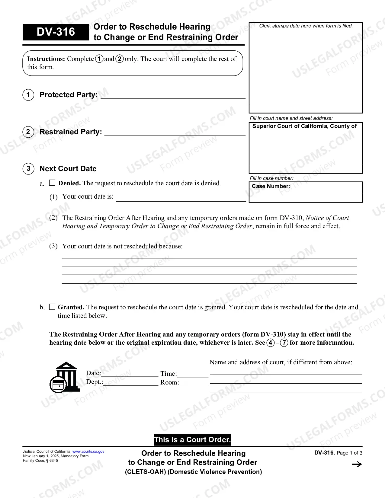 Preview Order to Reschedule Hearing to Change or End Restraining Order - CLETS-OAH - Domestic Violence Prevention