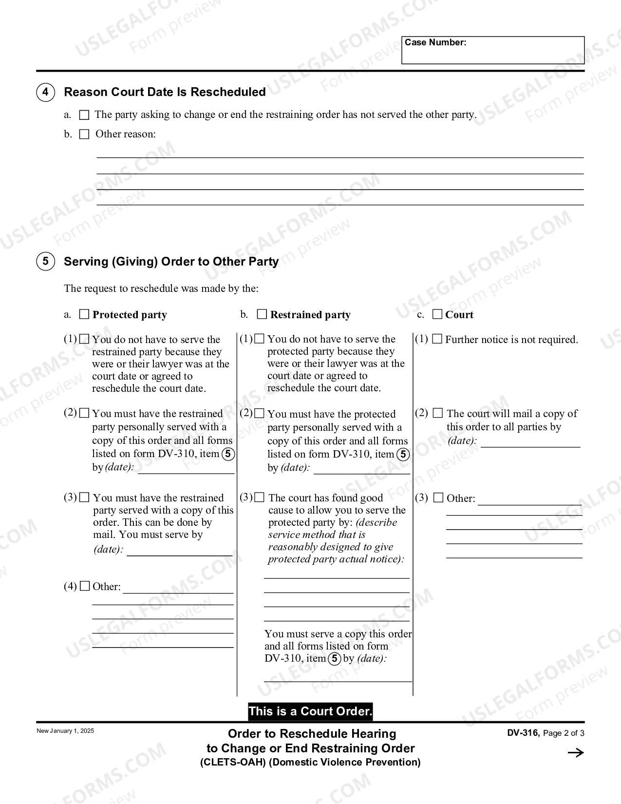 Preview Order to Reschedule Hearing to Change or End Restraining Order - CLETS-OAH - Domestic Violence Prevention