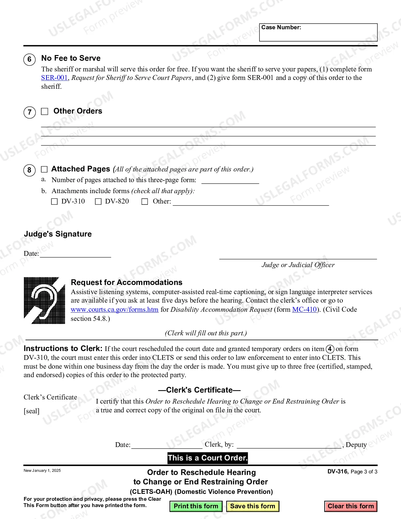 Preview Order to Reschedule Hearing to Change or End Restraining Order - CLETS-OAH - Domestic Violence Prevention