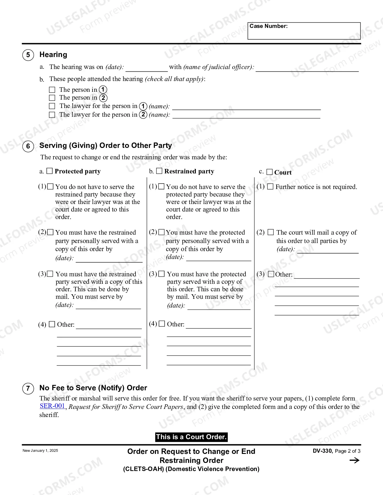 Preview Order on Request to Change or End Restraining Order - CLETS-OAH - Domestic Violence Prevention