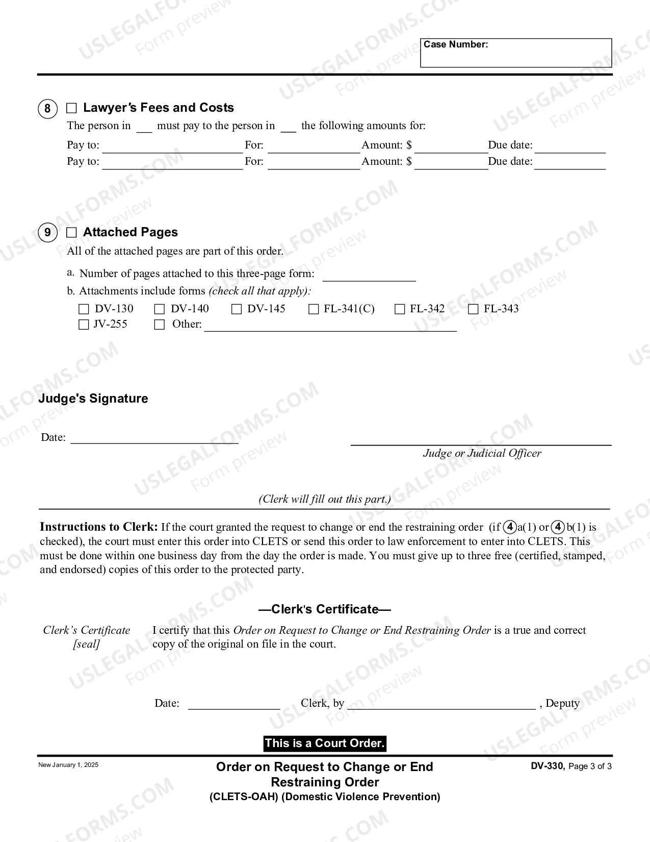Preview Order on Request to Change or End Restraining Order - CLETS-OAH - Domestic Violence Prevention