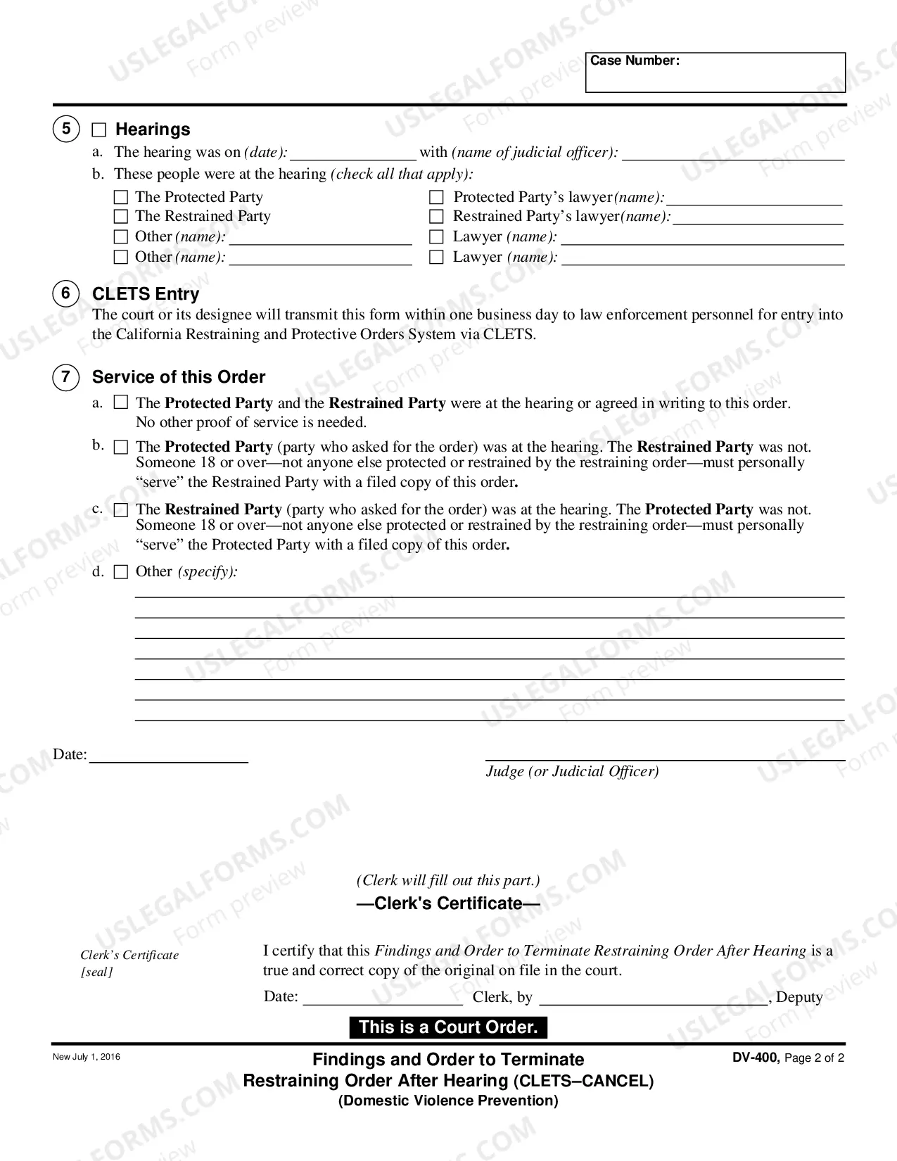 Preview Findings and Order to Terminate Restraining Order After Hearing - CLETS - CANCEL
