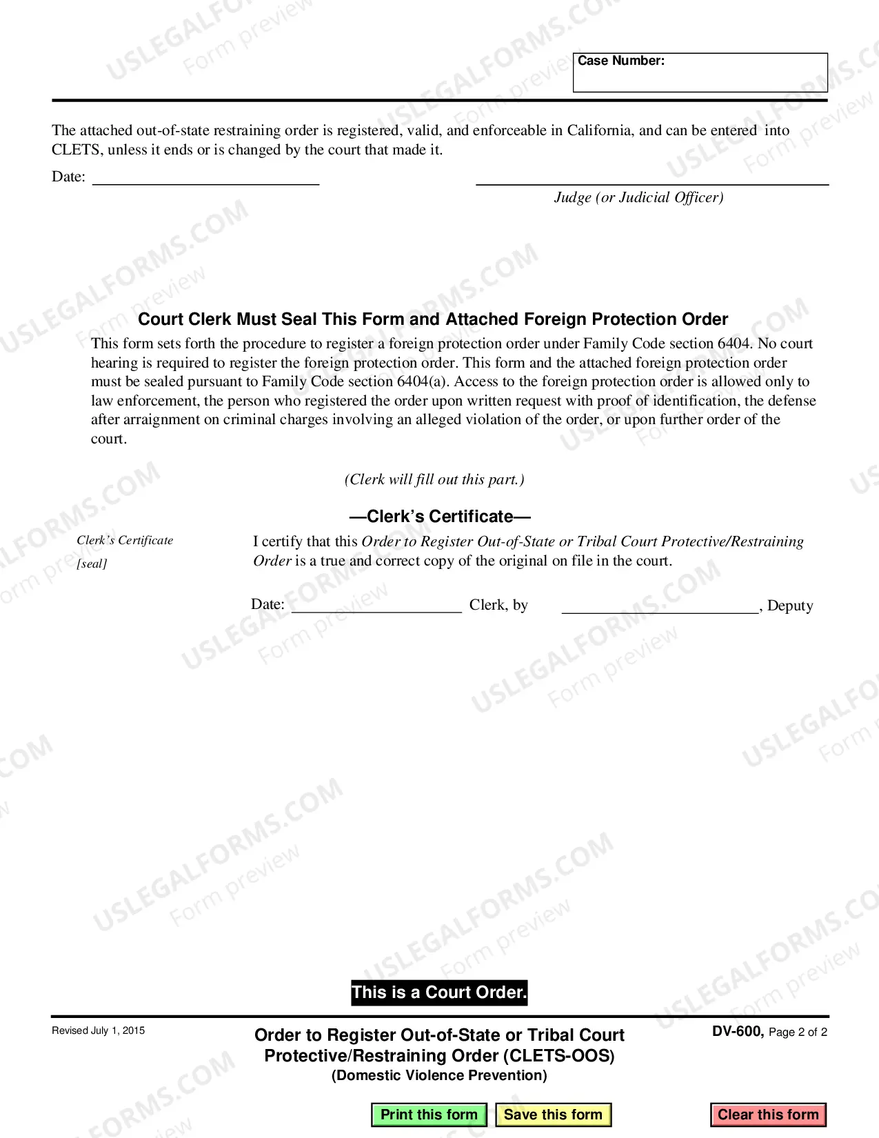 Preview Register Out of State Restraining Order or Tribal Court Protective/Restraining Order