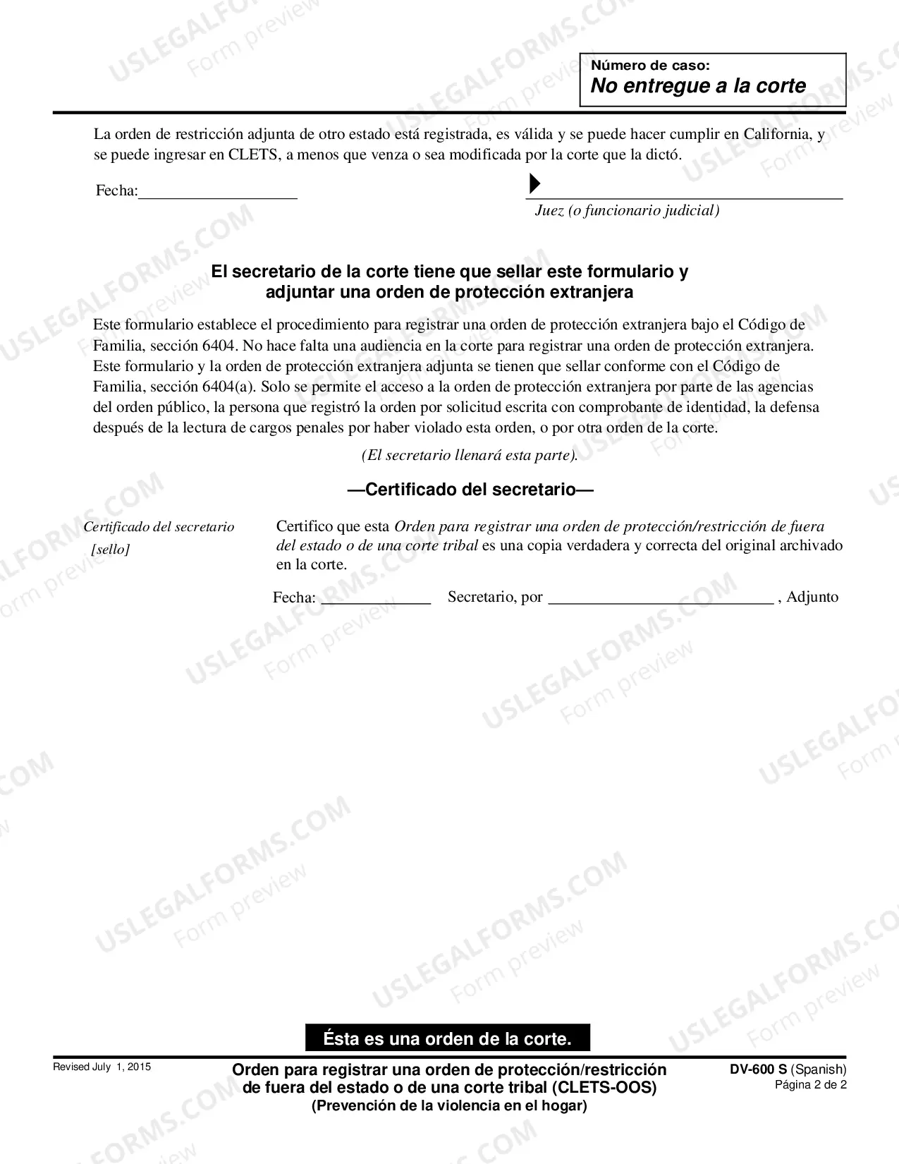 Preview Register Out of State Restraining Order or Tribal Court Protective/Restraining Order - Spanish