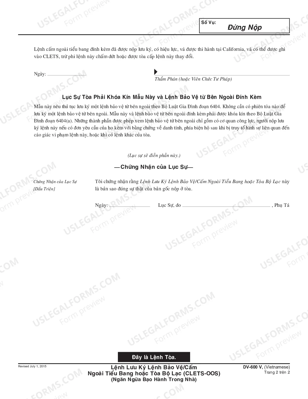 Preview Register Out of State Restraining Order or Tribal Court Protective/Restraining Order - Vietnamese