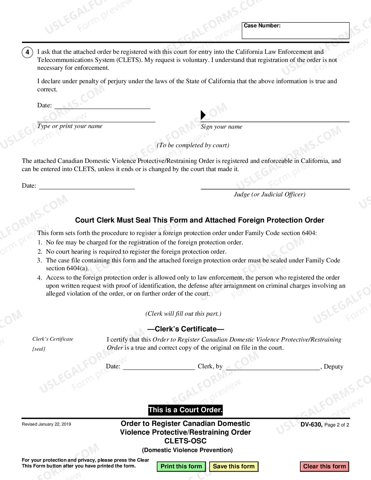 Preview Order to Register Canadian Domestic Violence Protective Restraining Order