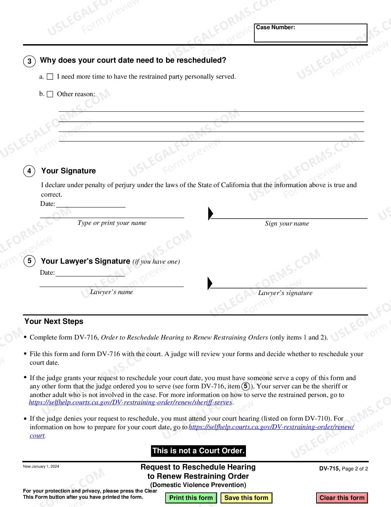 Preview Request to Reschedule Hearing to Renew Restraining Order - Domestic Violence Prevention