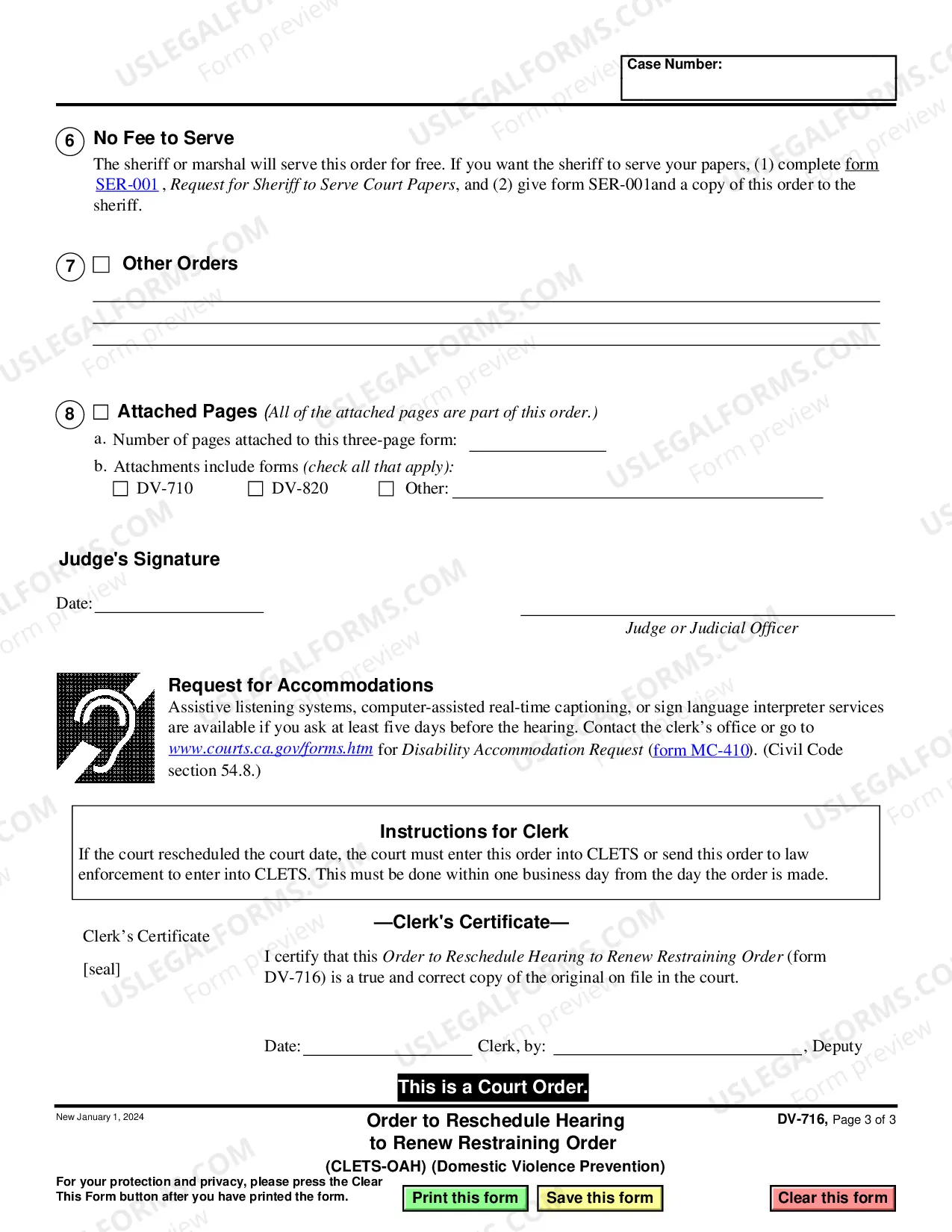 Preview Order to Reschedule Hearing to Renew Restraining Order - Domestic Violence Prevention